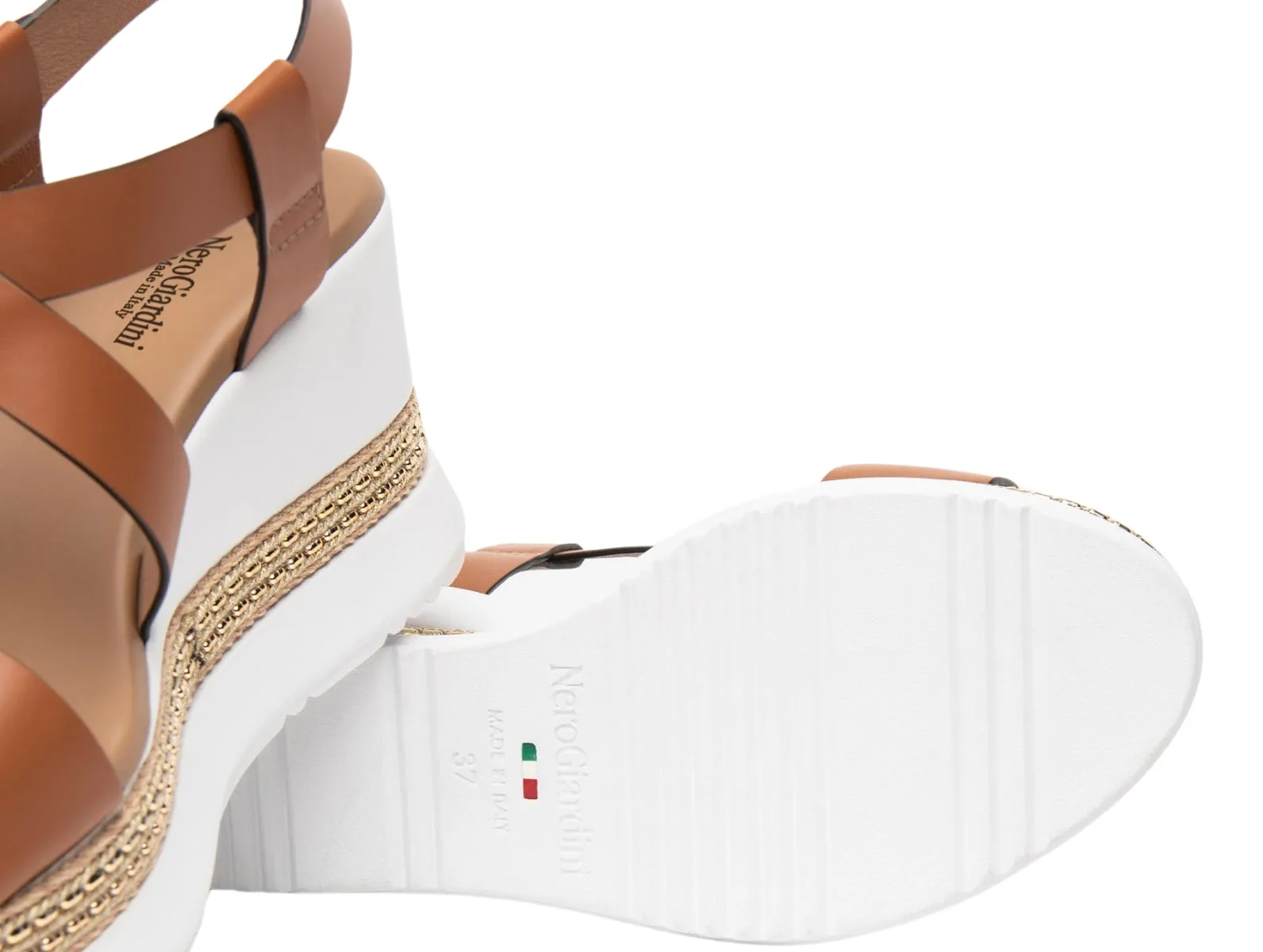 NeroGiardini E513550D – Tan Leather Wedge Sandal