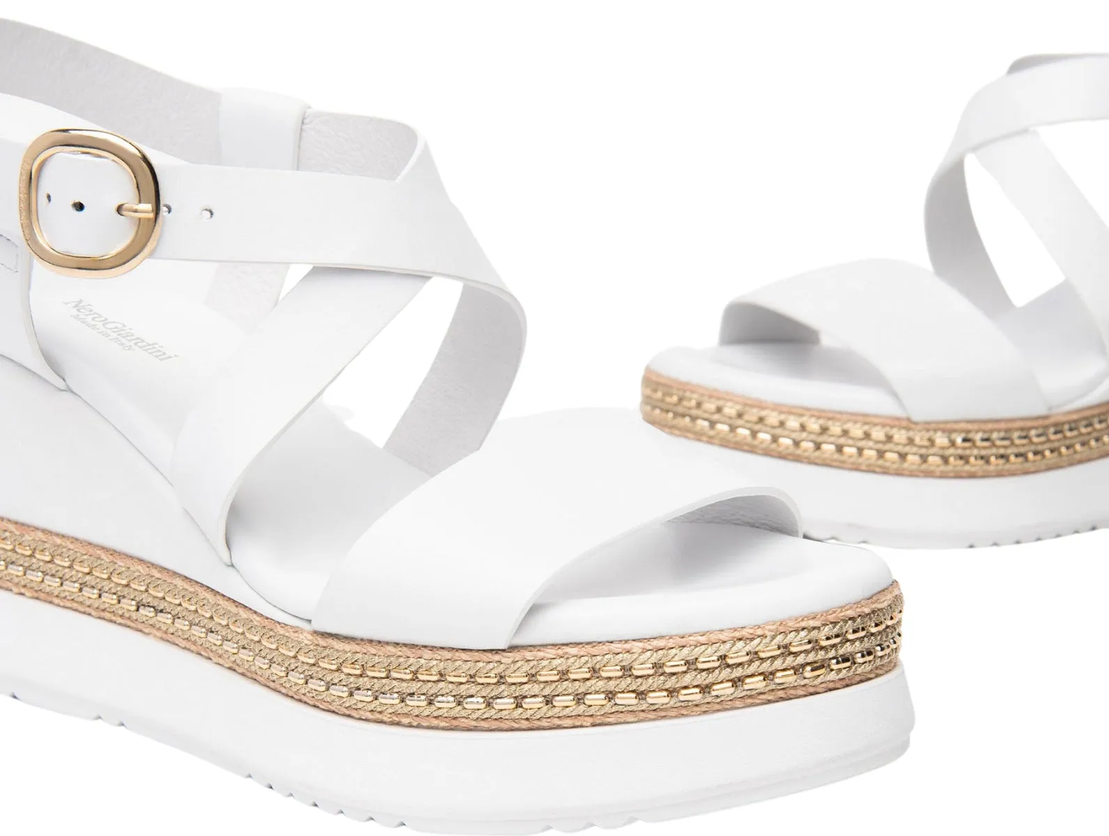 NeroGiardini E513550D – White Leather Wedge Sandal